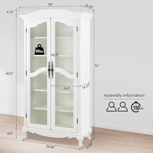 Farmhouse Arched Display Cabinet Bookcase Bookshelf with Glass Doors and Adjustable Shelves, 72" Tall 6 Tiers French view 3