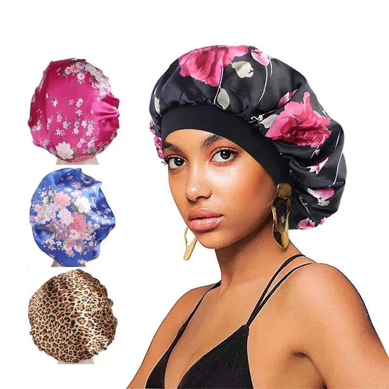 Casquettes de cheveux en satin pour dormir pour femmes, bonnet de bain à larges bords, vêtements de sauna, couvre-chef, accessoires de coiffure bouclés, nouveau