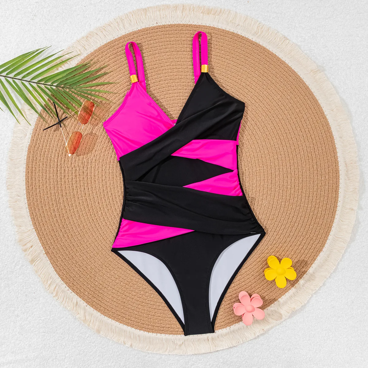 2025 Nieuwe vrouwen Sexy Blok Kleur Sling Bikini Hoge Taille Eendelig Badpak Strakke Cross Verzameld Beachwear Brazilië badpak