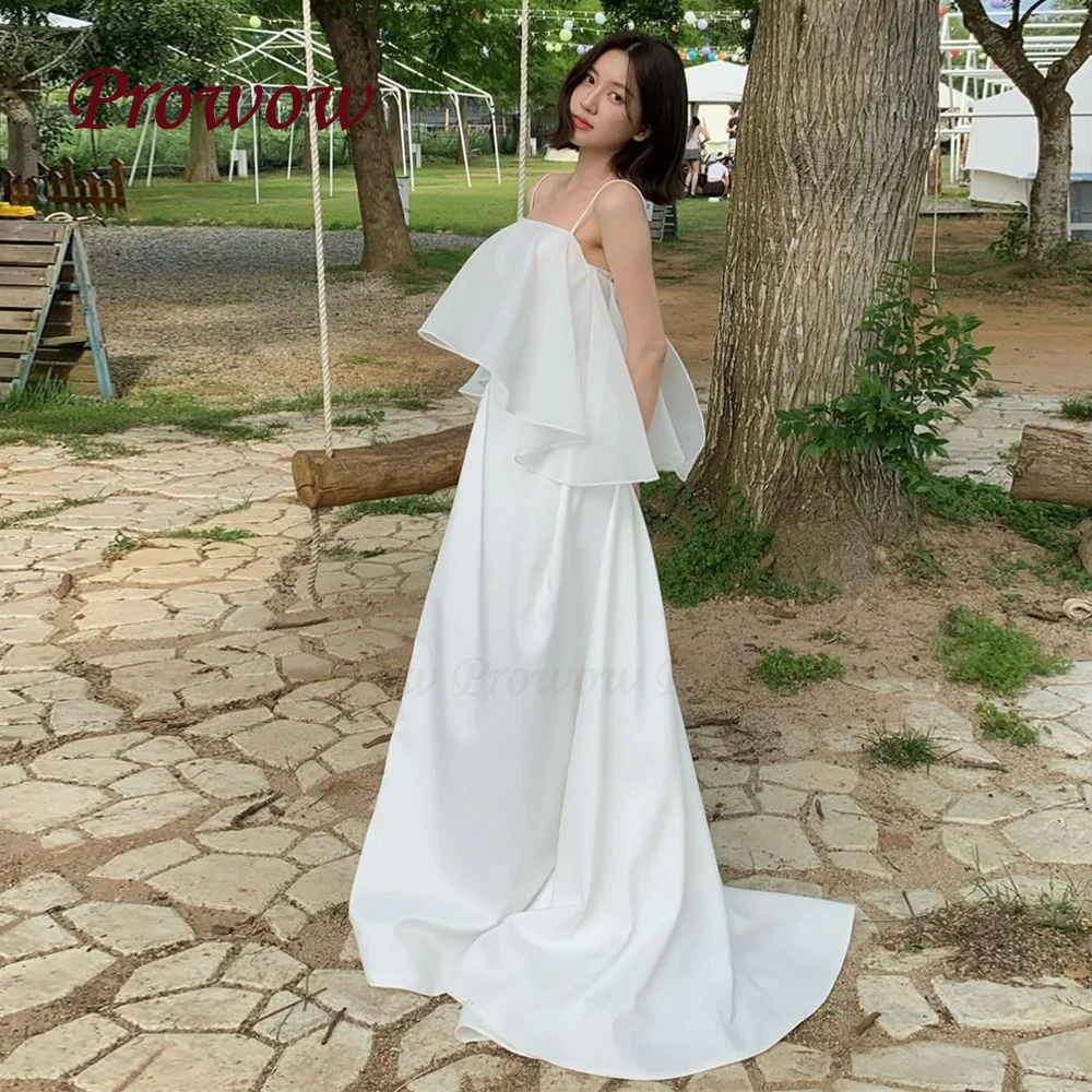 

Prowow Simple Ivory A Line Wedding Dress Korea Photo Shoot Pleated Organza Floor Length Bridal Gown Spaghetti Straps Customized
