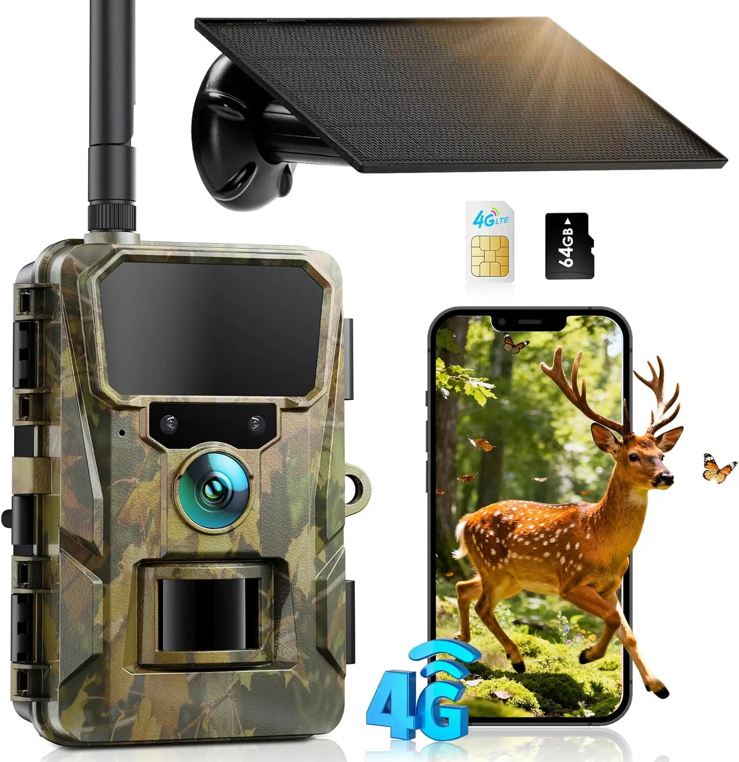 

4G LTE Cellular Trail Camera with 64GB TF Card, 5200mAh Battery, 2K HD Live Streaming, Solar Powered, Night Vision, Motion Activated, Waterproof IP66