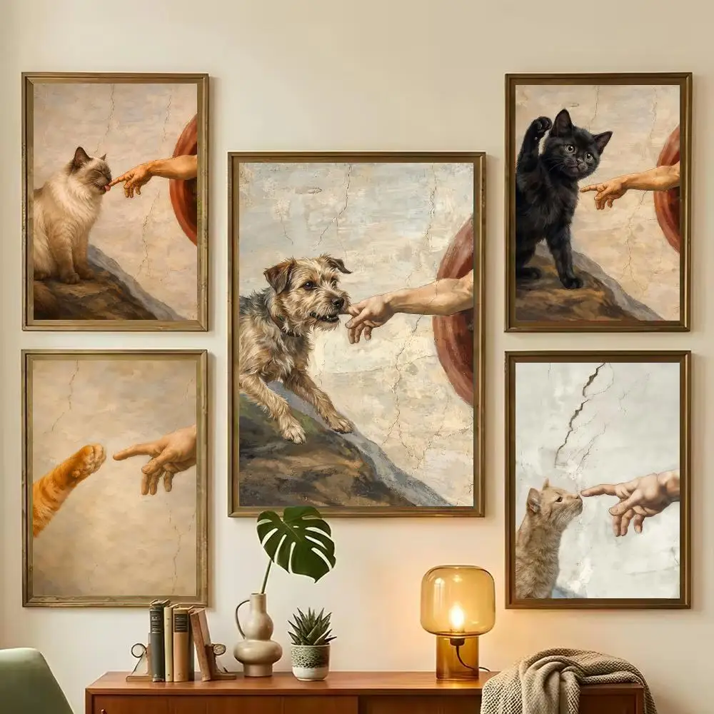 Creation of Adam Cat Dog Paw Poster Funny Art Wall Print Living Room Home Decor Poster HD