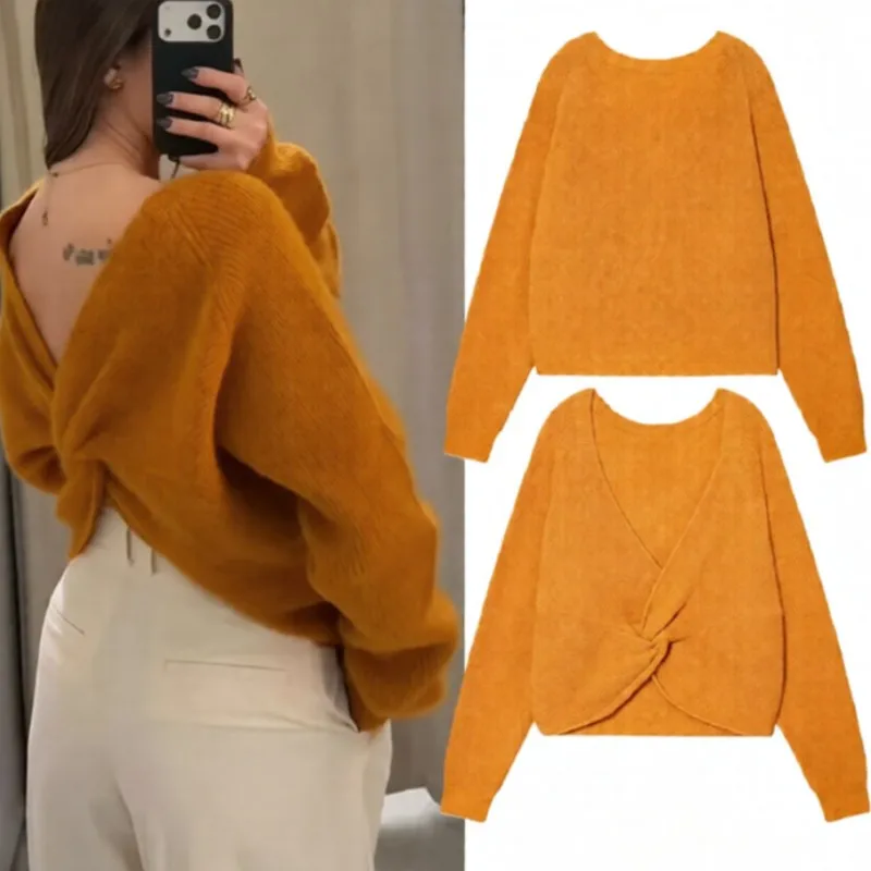 เสื้อสเวตเตอร์ถักสำหรับผู้หญิง สไตล์ลำลอง คอทรงโอ แขนยาว ดีไซน์ผูกโบว์ด้านหลัง เรียบง่าย ทันสมัย เหมาะสำหรับฤดูใบไม้ผลิและฤดูใบไม้ร่วง