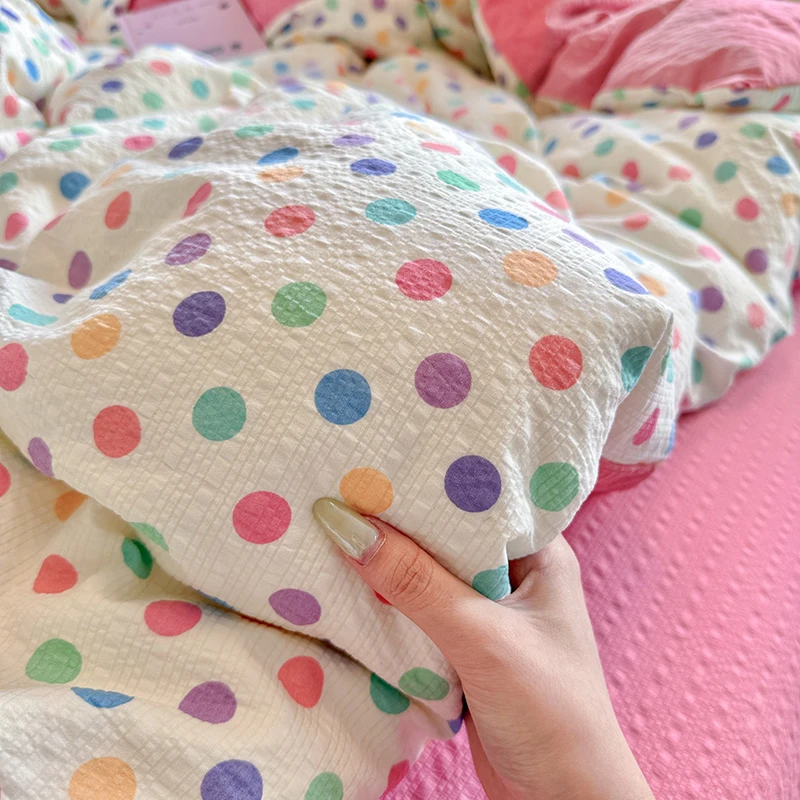 2026 Ins Dopamine Polka Dot Bedding Set, Twin Queen Size Bed Sheet with Pillowcase Class A for School Dormitory Decor No Filling