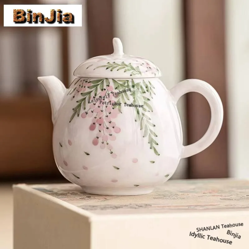 

100ML Hand Drawn Wisteria Flower Teapot Luxury Single Mini Pan Pot Household Tea Making Kettle With Filter Tea Items Decoration