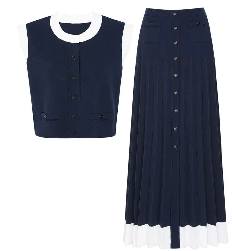 

High-End Women's Spring Summer New Fashion Color Block Knitted Sleeveless Top Pleated Midi Skirt Two-Piece Set