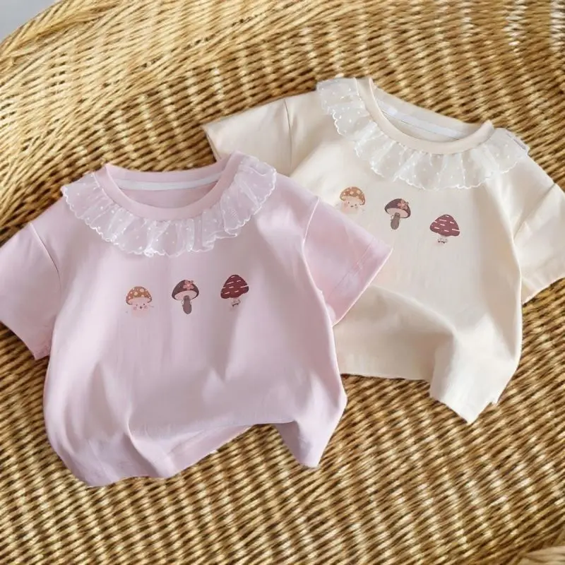 

2-6T Girls Summer T-shirts 2025 New Fashion Sweetheart Casual Daily Breathable Mushroom Lace Short Sleeve Top