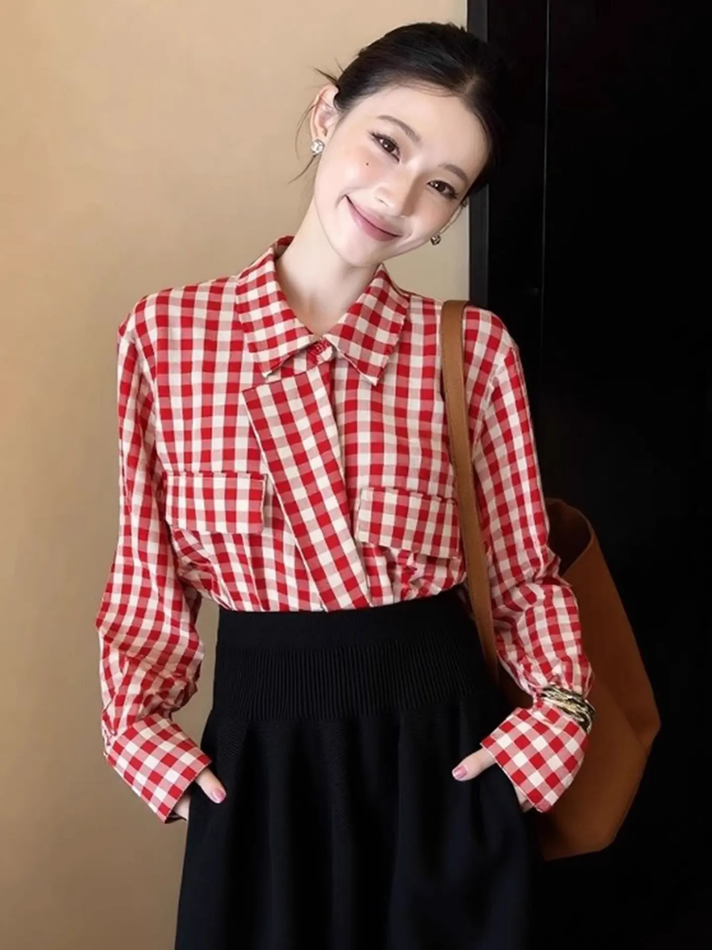 

Элегантная клетчатая блузка с длинным рукавом, универсальная, высококачественная, весенняя, модная, в корейском стиле, прямого кроя, из шелкового материала