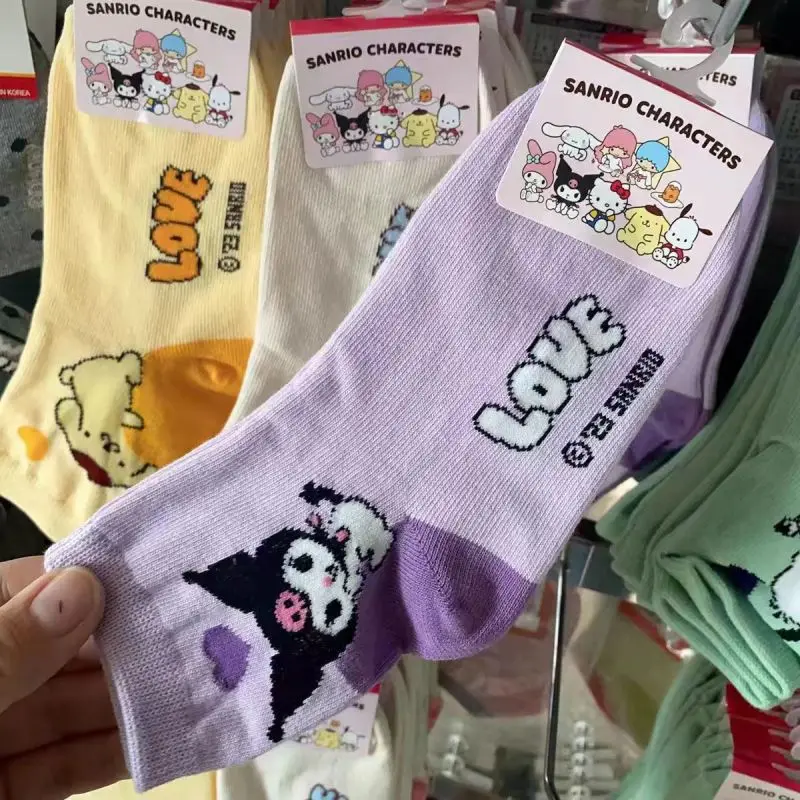 6Pcs/set Sanrio Female Cotton Socks Cartoon Cinnamoroll My Melody Kuromi Girls Socks Student Mid-tube Non-slip Socks Girl Gift