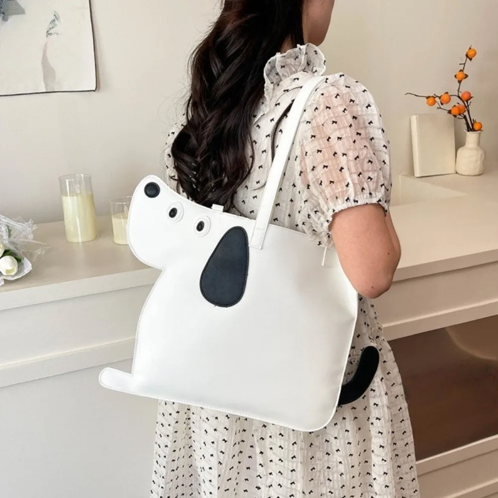 

Creative Korean Style Puppy Tote Bag PU Leather Large Capacity Black Cat Flat Bag Cute Animal Kitty Handbag Student