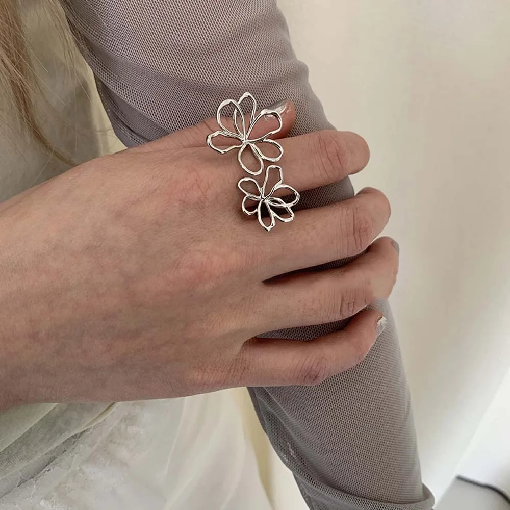 

New Exaggerated Golden Flower Ring Alloy Hard Silver Sunflower Finger Circle American Style Jewelry Open Hollow Out Ring Friends