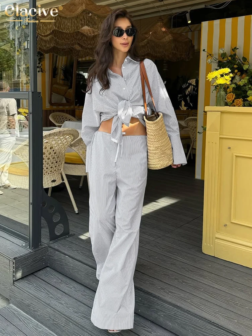Clacive mode ample gris coton rayure 2 pièces ensemble femmes 2026 élégant à manches longues chemise avec taille haute large pantalon ensemble femme