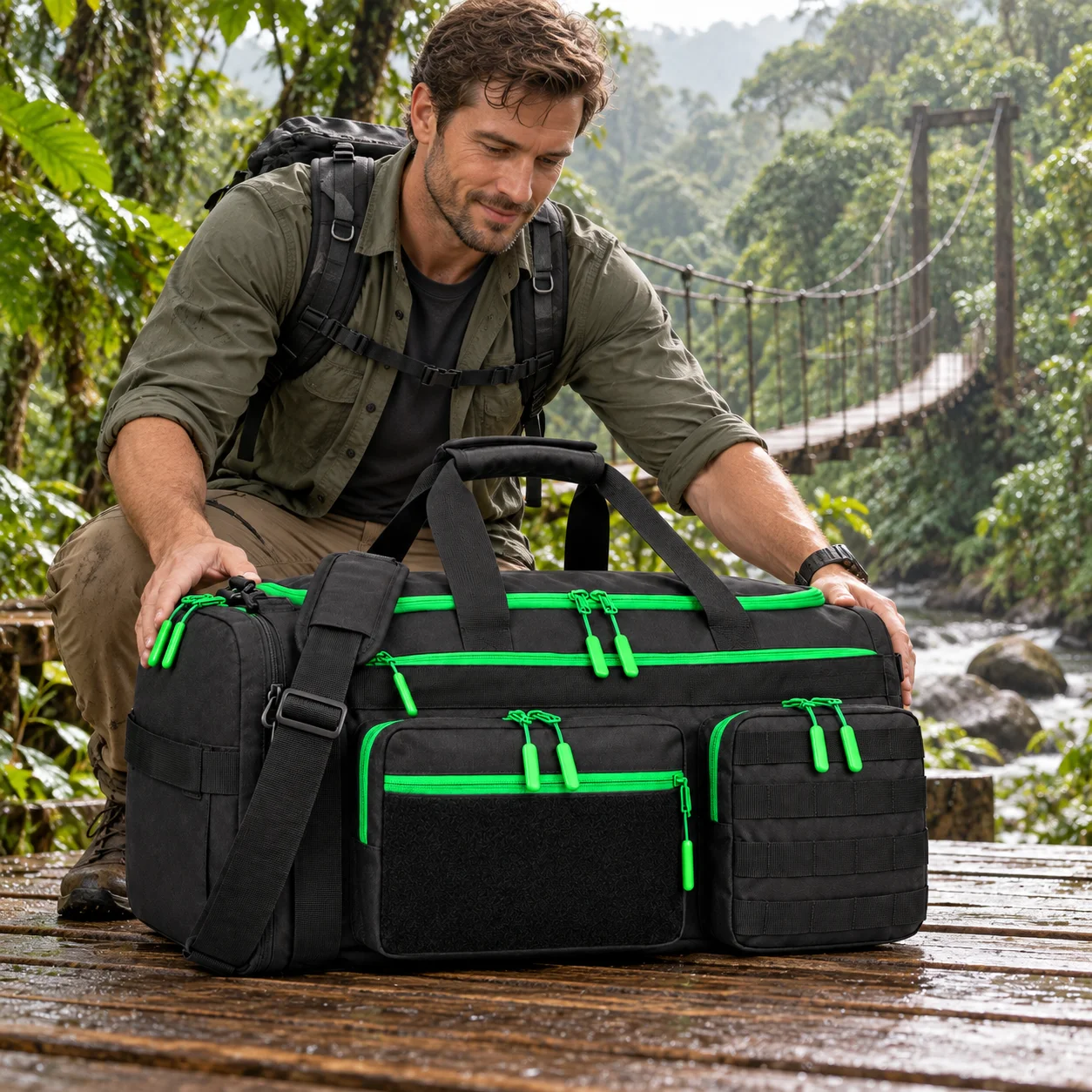 メンズ用-50l-3way-タクティカル-ダッフルバッグ。大容量で、旅行や週末の外出、スポーツジムに最適。防水設計で、シューズ収納ポケットと濡れたものを入れるポケット付き。