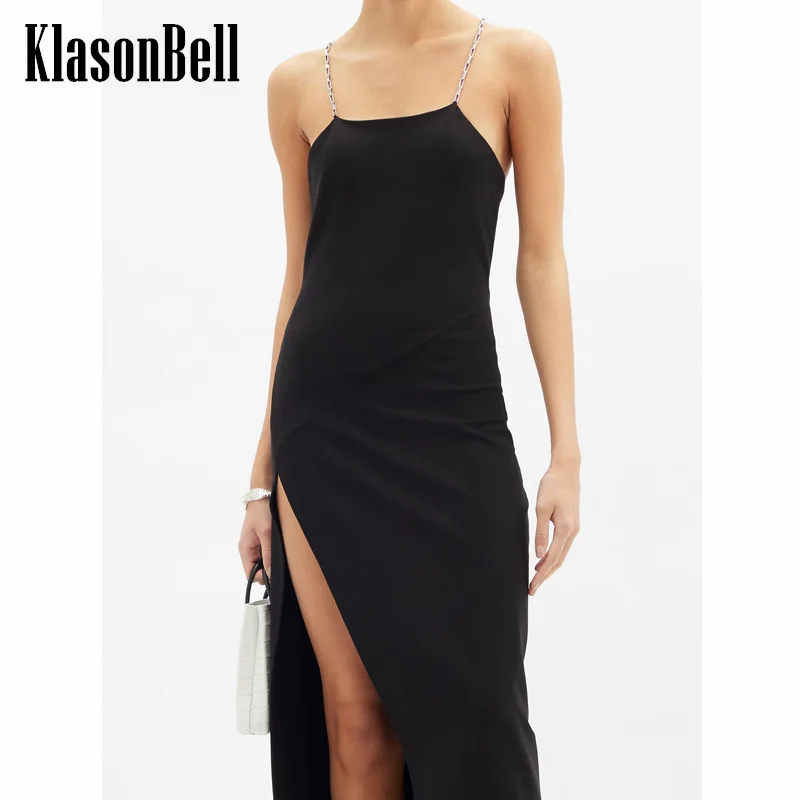 

6.29 KlasonBell Women Temperament Chic Chain Cross Suspender Long Dress Black Sexy Backless High Split Party Evening Dress