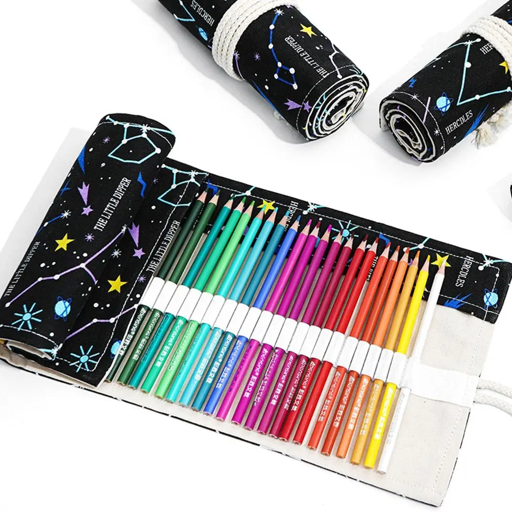 12/24/36/48/72 Holes Pen Curtain Fashion Starry Sky Printing Canvas Pencil Bag Roll Up Pen Bag Stationery School Office Supplies