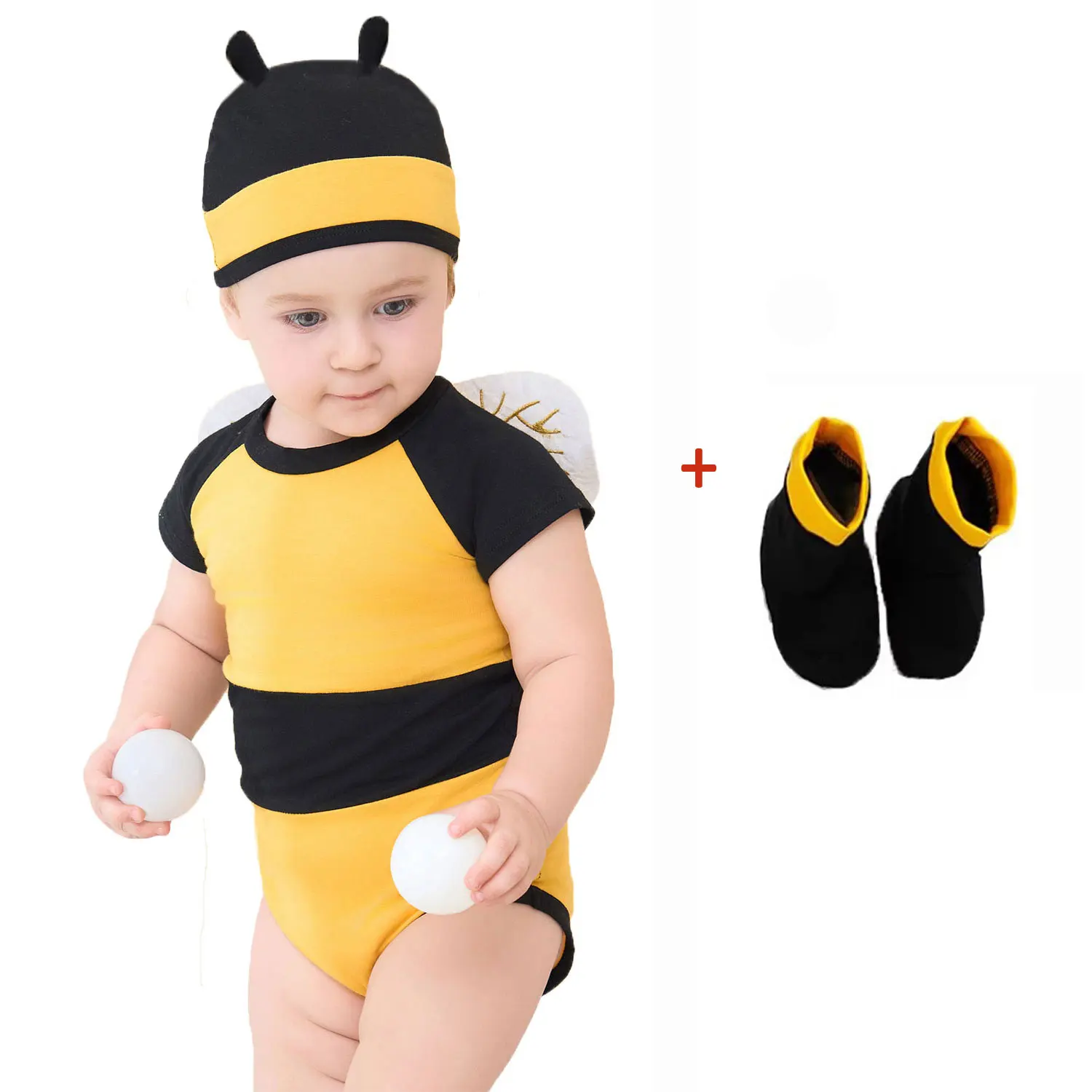 Umorden 1-12M Baby Boys Girls Honeybee Bee Bodysuit Hat Wings Socks Set Short Summer Birthday Photography Costume Fancy Dress