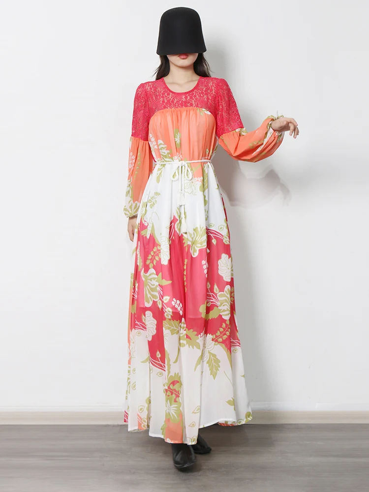 TWOTWINSTYLE Print Dress Female Round Neck Long Sleeve High Waist Colorblock Vintage Midi Dresses Female Clothing Style New 2022