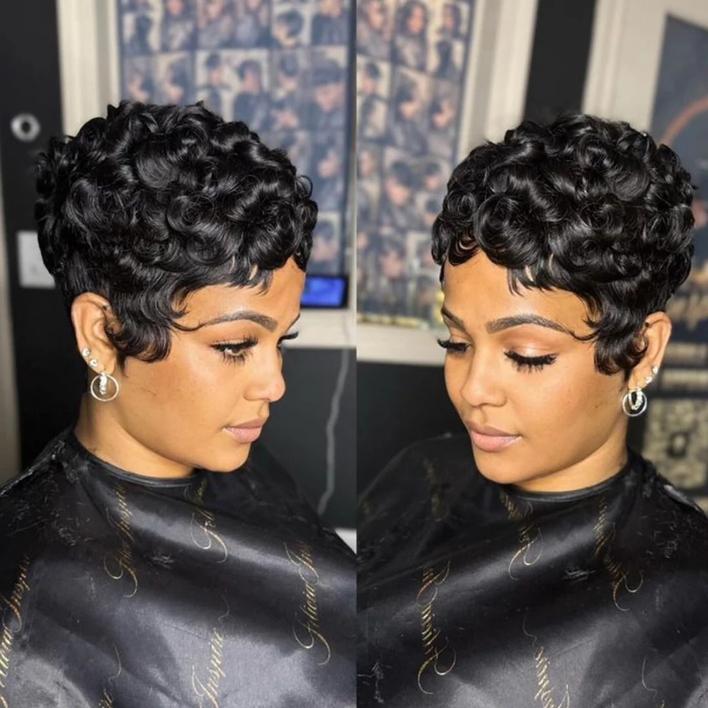 Kurze, gelockte Pixie-Schnitt-Perücke, brasilianische Echthaar-Perücken mit vorgezupftem Pony für schwarze Frauen, komplett maschinell hergestellt, bereit zum Tragen