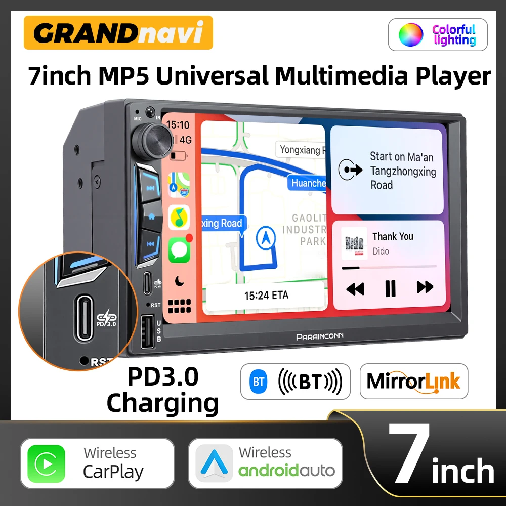 2DIN 7inch Car Radio MP5 Player Wireless CarPlay Android Auto Mirrorlink Touch Screen Bluetooth FM Stereo PD3.0 Fast Charging