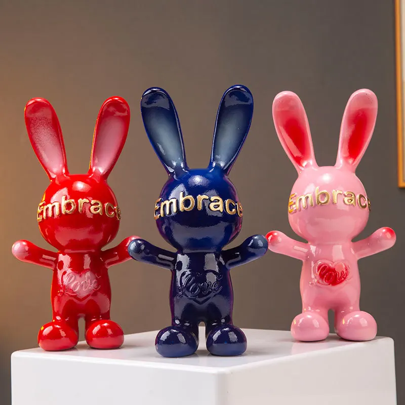 Tabletop Rabbit Decoration Long-eared Rabbit Figures Cartoon Resin Crafts Gift for Girl Entrance TV Cabinet Room Decor