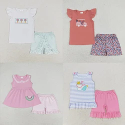 Wholesale Kid Children Embroidery Watermelon Ball Short Sleeves Two Pieces Outfit Baby Girl Summer Set Toddler Shorts Clothes