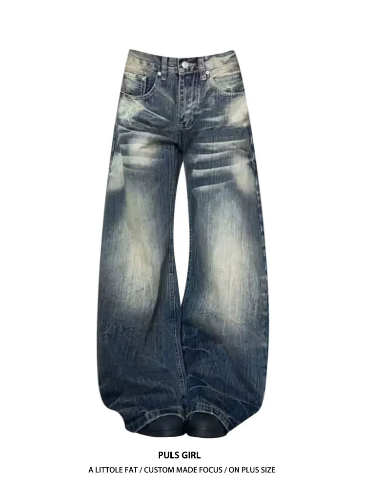 

Ретро-джинсы американского стиля больших размеров для женщин: повседневные широкие брюки с высокой талией, выцветшие, с эффектом потертости, из денима, на весну, осень, зиму