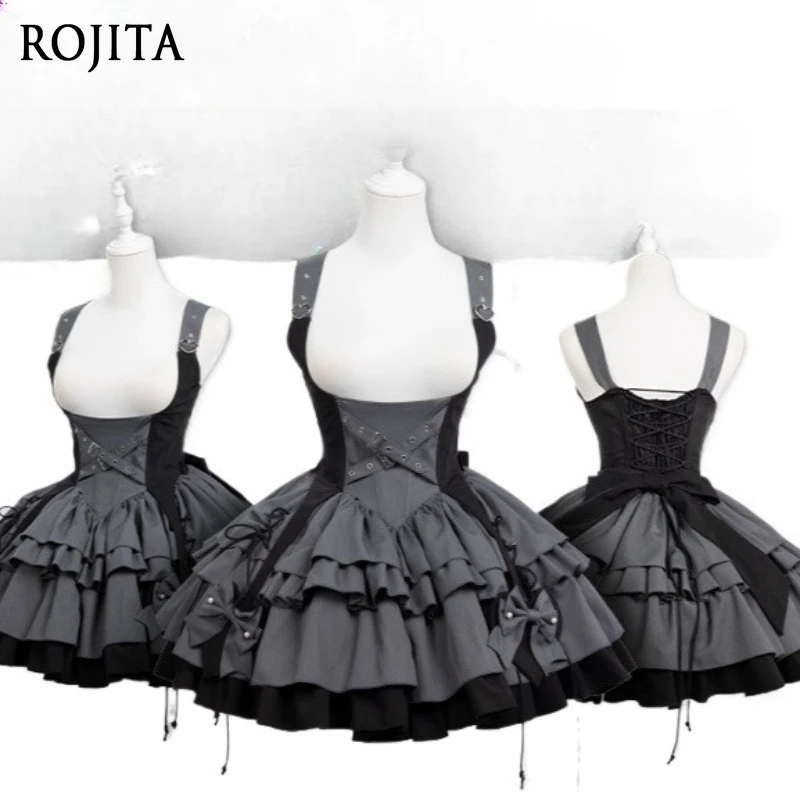 

Japanese Goth Dress Original Design Lolita Mechanic Style Gray Strap Dress Women One-Piece Dress Pleated Dresses 2025 New
