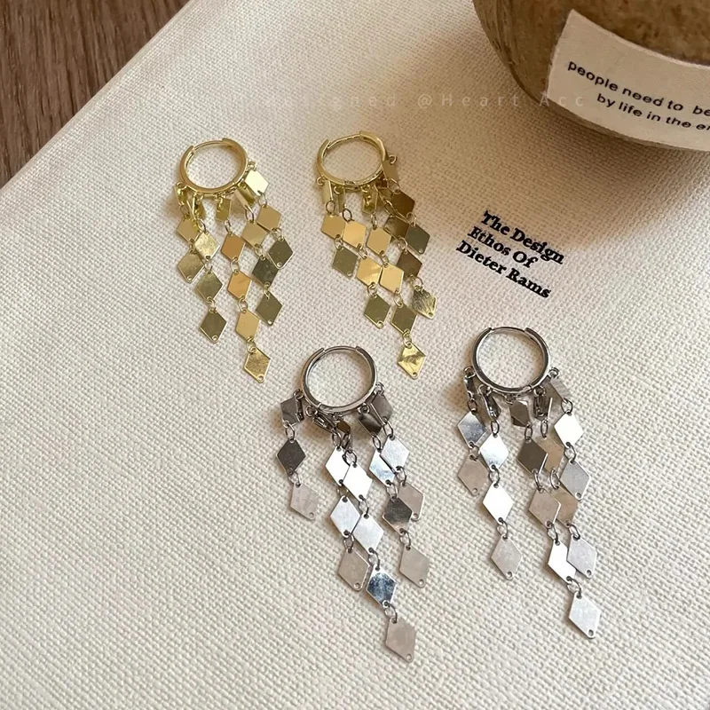 Shining Gold Color Metal Sheet Tassel Pendant Earrings Creative Geometric Rhombic Waterfall Hoop Earrings Jewelry Gifts