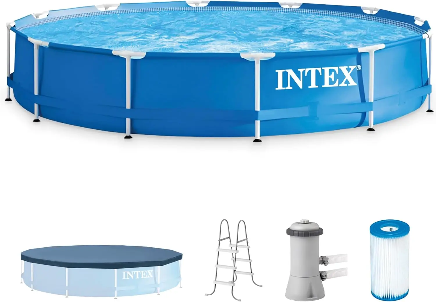 Piscina redonda sobre suelo con estructura metálica de 12' x 30'', con bomba de filtro, escalera y cubierta.