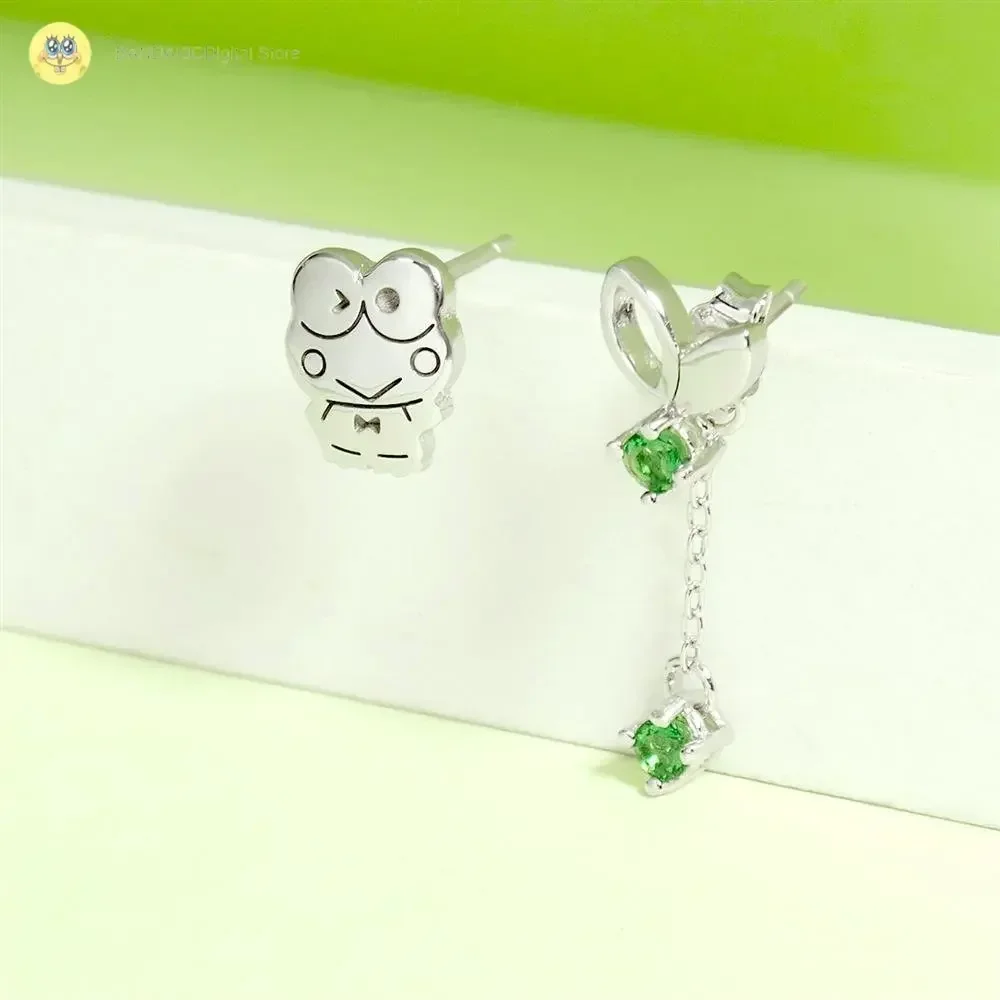 Sanrio Fantasy Paradise Keroppi Leaf Gem 925 Electroplated Sterling Silver Earrings Kwaii  Jewelry Girl's Birthday Gift