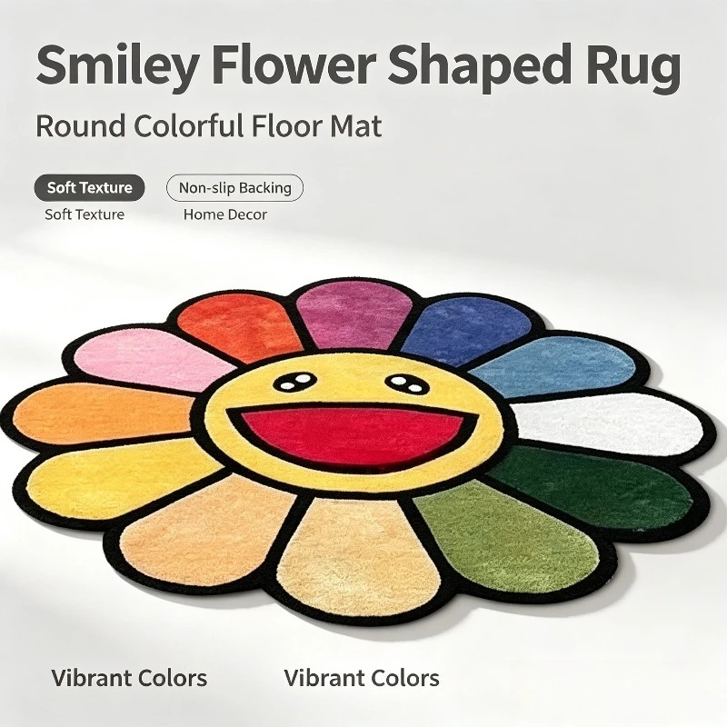 Sunflower Round Rug, High Aesthetic Dopamine Color Sofa Coffee Table Floor Mat, Irregular Home Decor Carpet