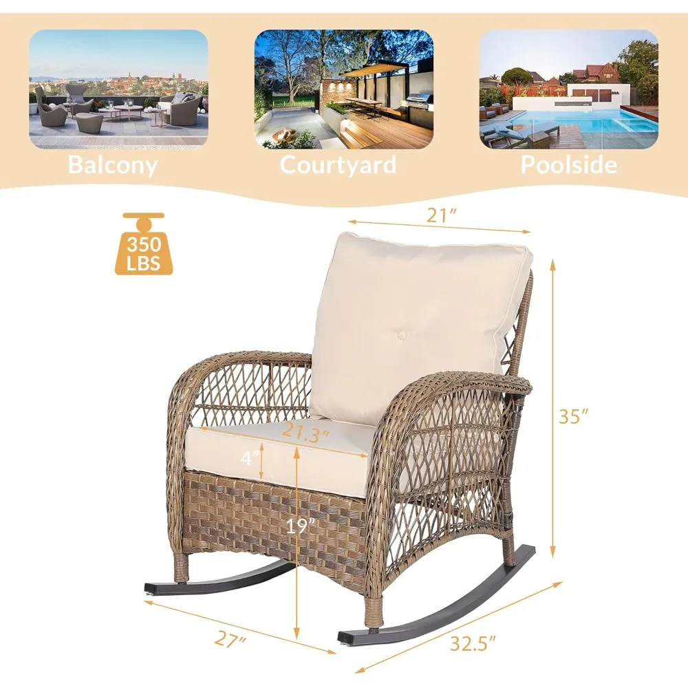 Weather-Resistant Rattan Outdoor Rocking Chairs with Plush Cushions for Backyard Relaxation