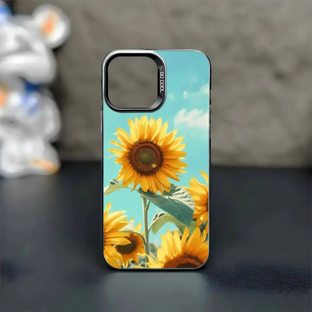 เคสโทรศัพท์ลายดอกทานตะวันสุดโรแมนติก สำหรับ iPhone 16,15,14,13,12,11,Mini,Pro,MAX สีดำด้าน กันกระแทก