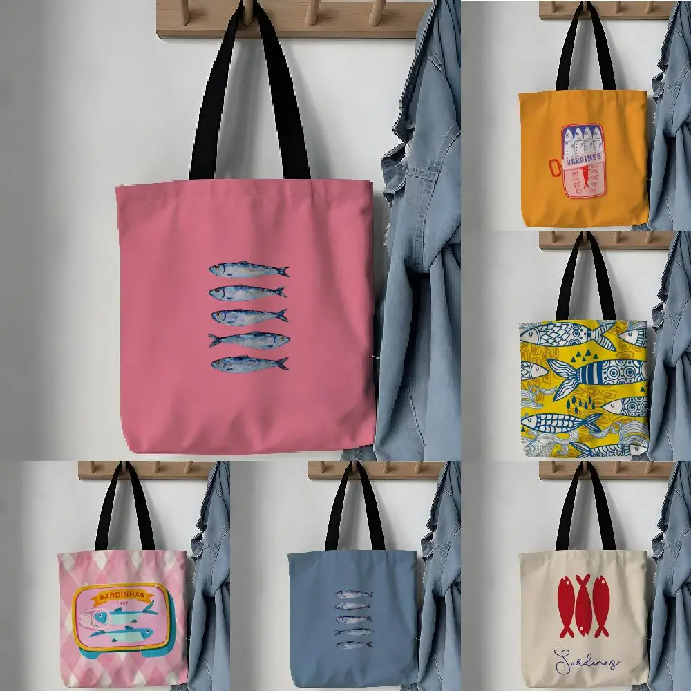 Bags Aesthetic Canvas School Shoulder Bag Lightweight Grocery Shopping Bag Sardines Canned food Lovers supermarket pairing