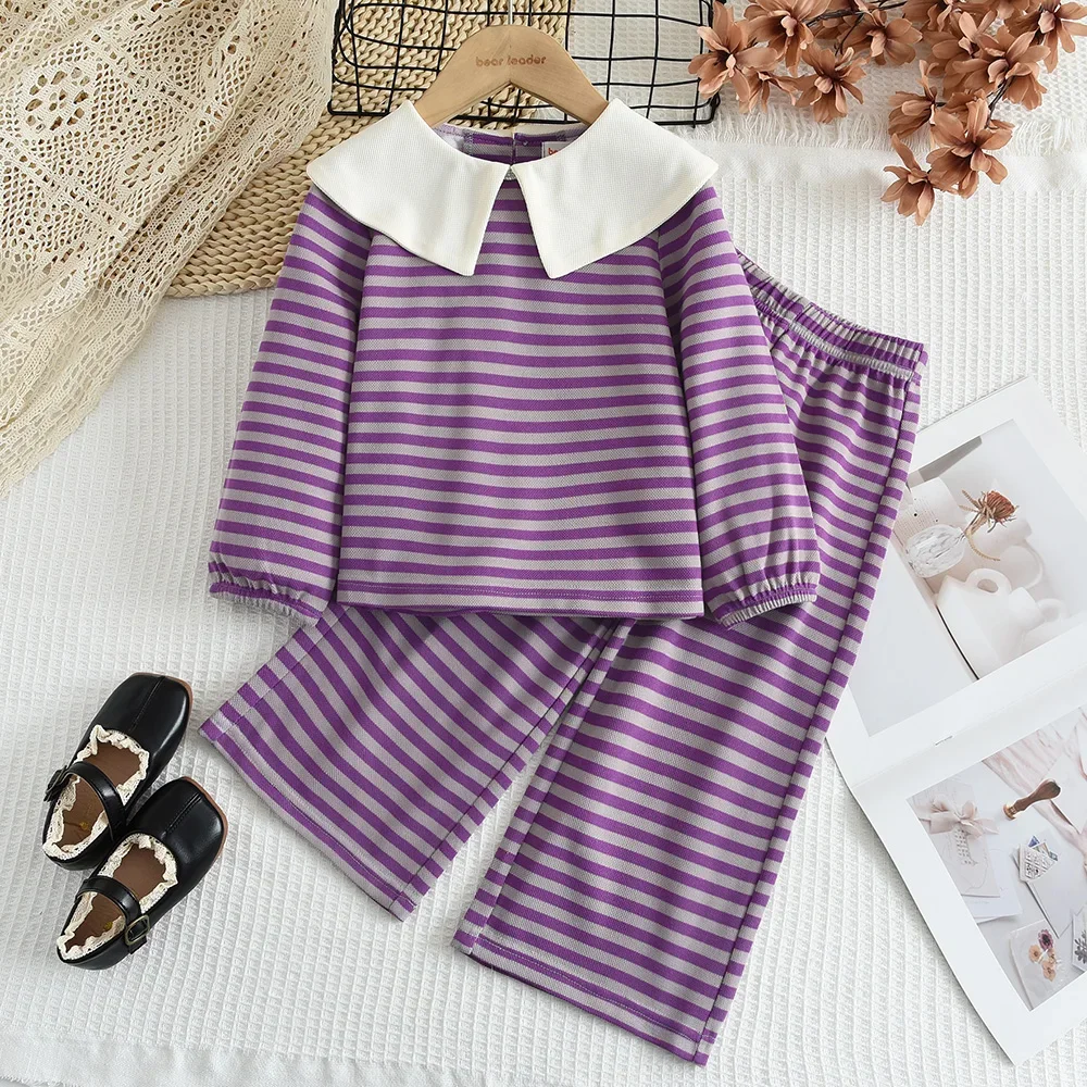 Autumn New Sweet and Cute Lapel Striped Long Sleeved Top+pants Set for Girls Aged 3-7 Daily Wear Children's Casual Clothes