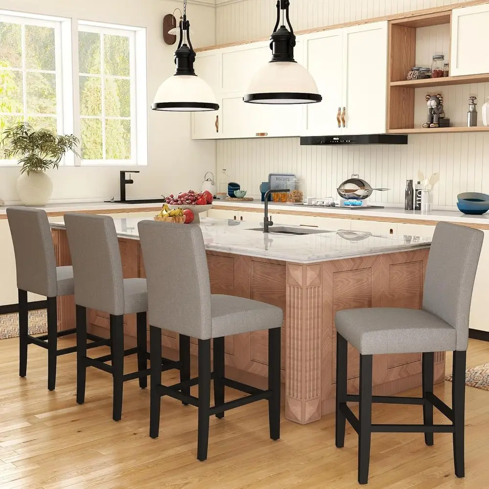 

Classic Grey Fabric Upholstered 24 Counter Height Bar Stools Set of 4 with Solid Wood Legs