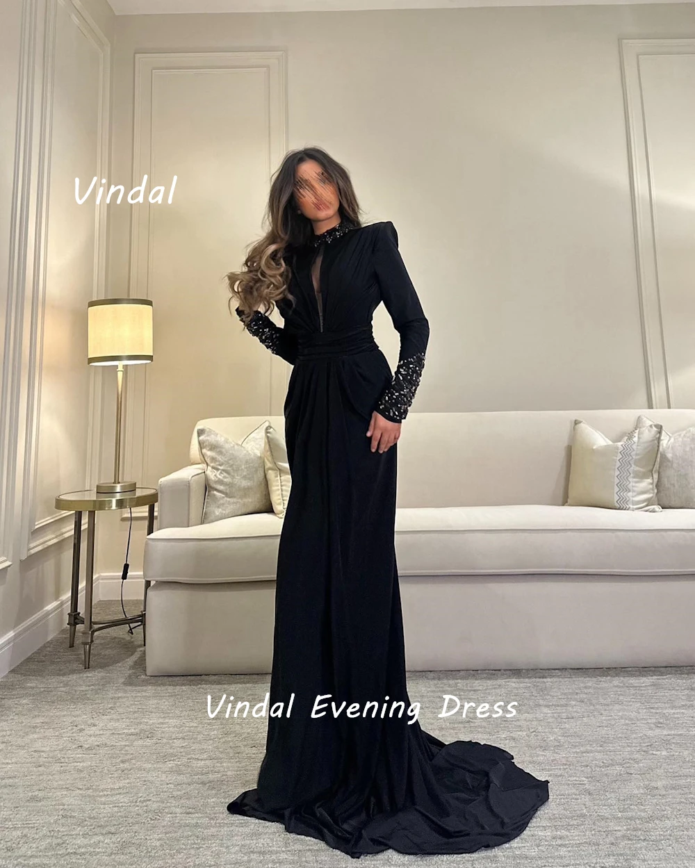 Vindal Crepe Floor length Sexy O-Neck luxurious Ruffle Straight Beaded Breast Padding Elegant Long Sleeves السعود For Woman 2024