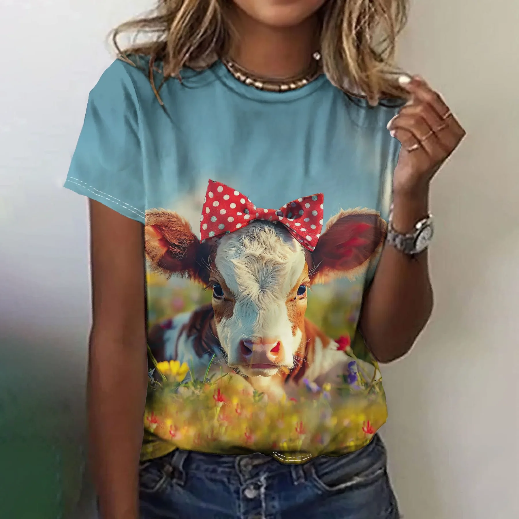 Camisetas Vintage con estampado de Yak para Mujer, blusa informal de manga corta para verano, 2025
