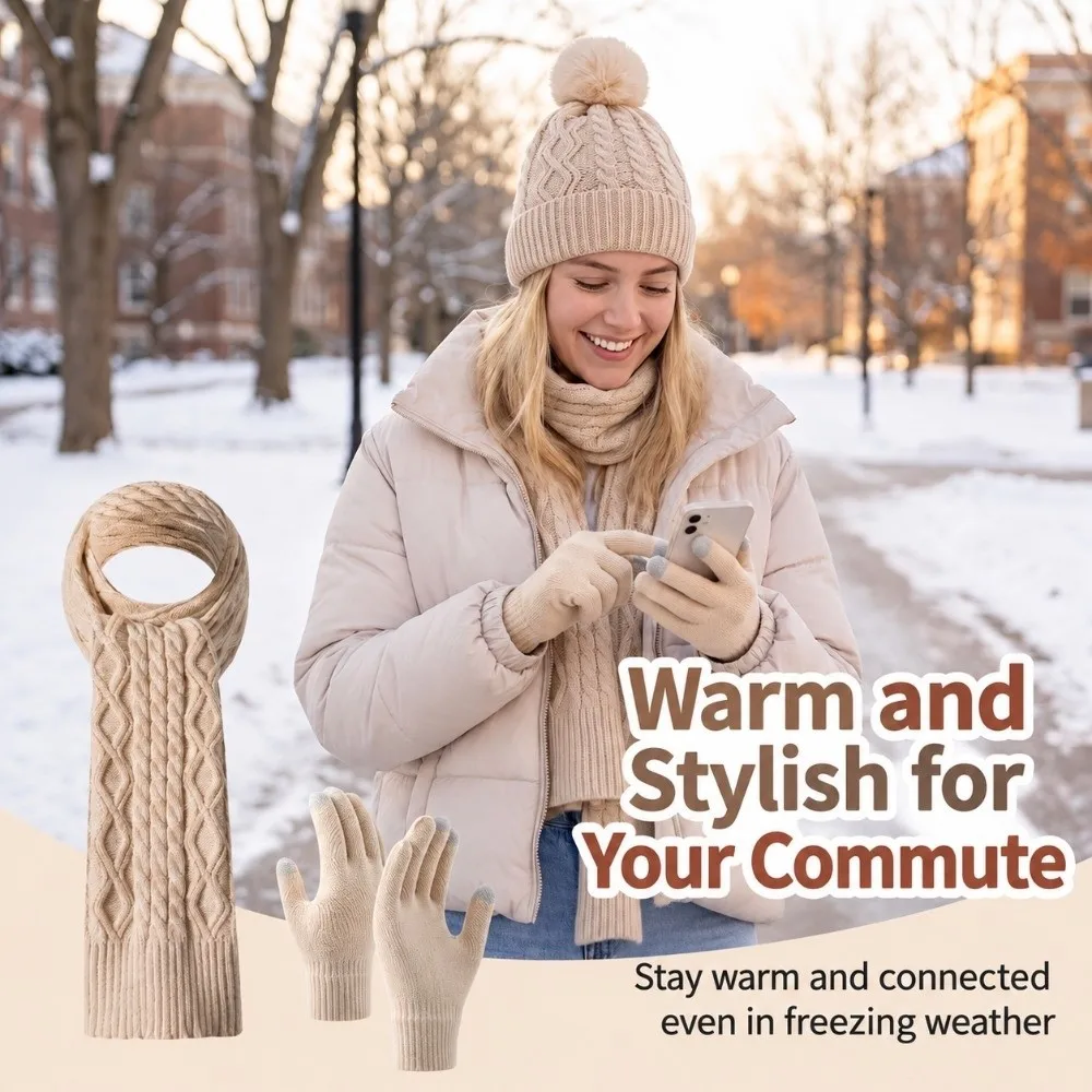 3Pcs/Set Warm Winter Hat Scarf Gloves Set Knitted Windproof Scarf Neck Warmer Suit Thicken Touchscreen Touchscreen Gloves