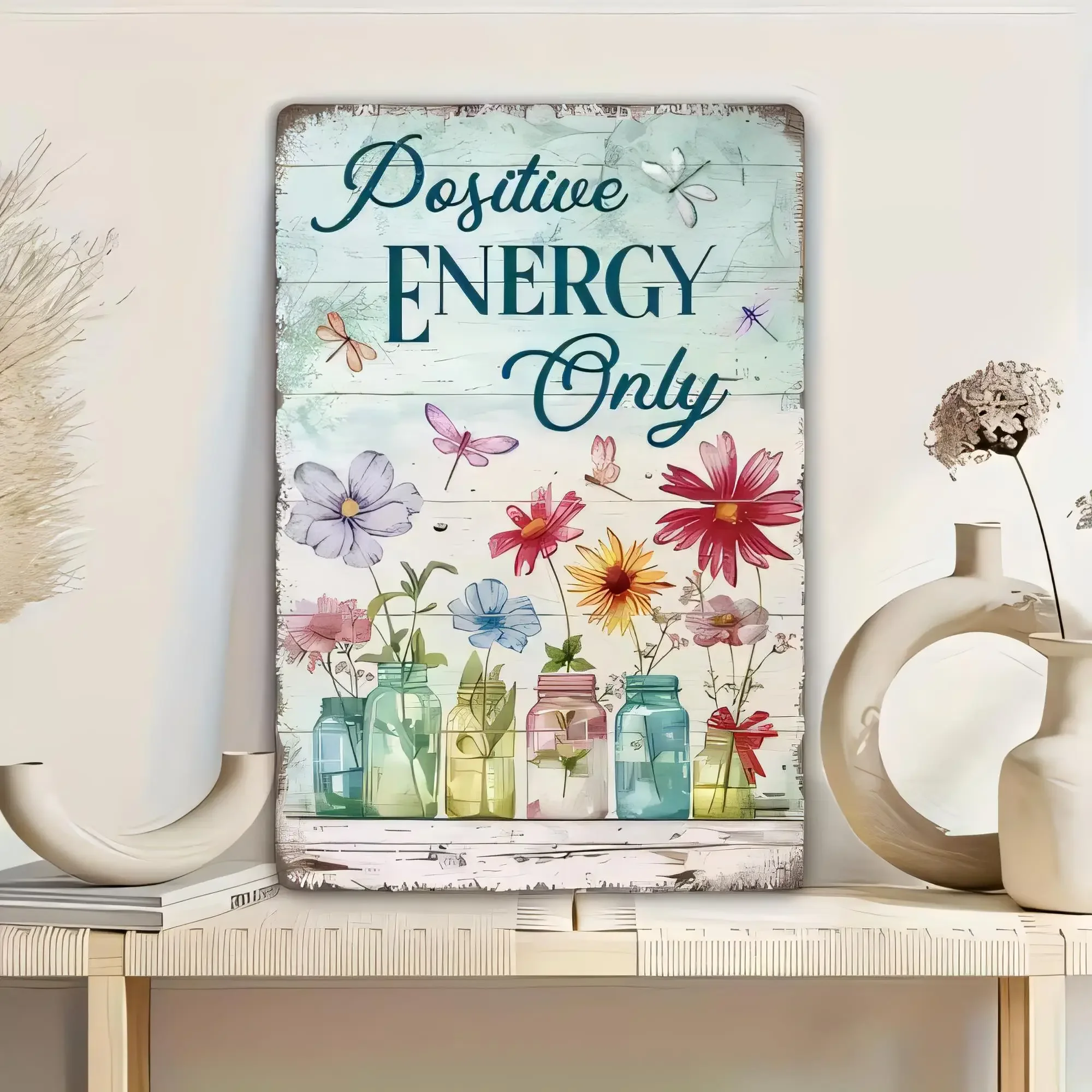 Tin Sign Positive Energy Only Floral Mason Jars Metal Wall Decor Vintage Farmhouse Plaque for Living Room Bedroom Bathroom Of