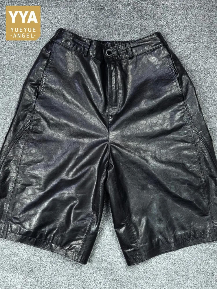 Spring New Women Casual Knee Length Oil Wax Cowhide Genuine Leather Shorts High Waist Loose Fit Short Straight Shorts Streetwear
