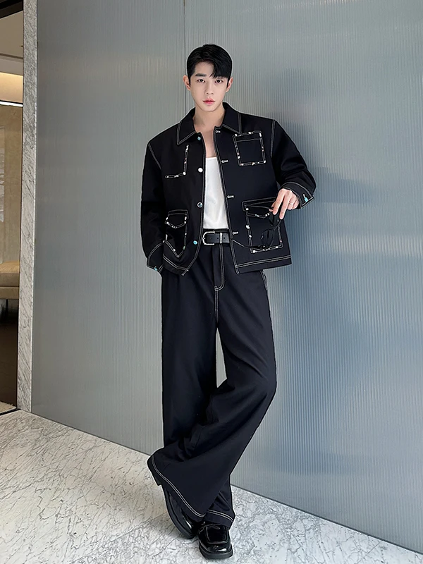  Handmade Gemstone Jaet Set for Men with Collar Design Loose Fit Two-Piece Faionable Autumn Collection