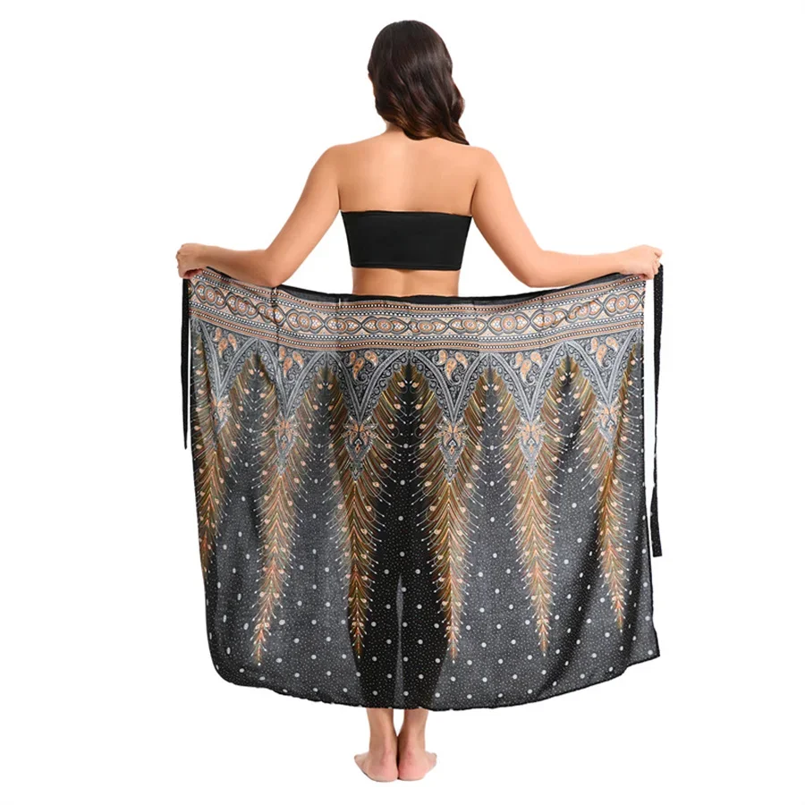 Abito da donna Boho Maxi Wrap Gonna lunga con allacciatura Abito da spiaggia Copricostume Abito vintage bohémien regolabile a vita alta in rayon