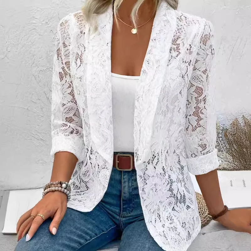 

2025 Autumn Elegant Solid Color Lace Suit Coat Summer Sexy Hollow Perspective Outer Wear Office Lady White Women's Tops 606