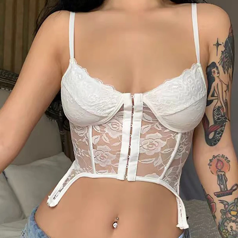 ITOOLIN Women Lace Sexy Irregular Crop Top With Bra Pad Hollow Out Buttons Tank Top Streetwear Camis Beach Top Spring Summer