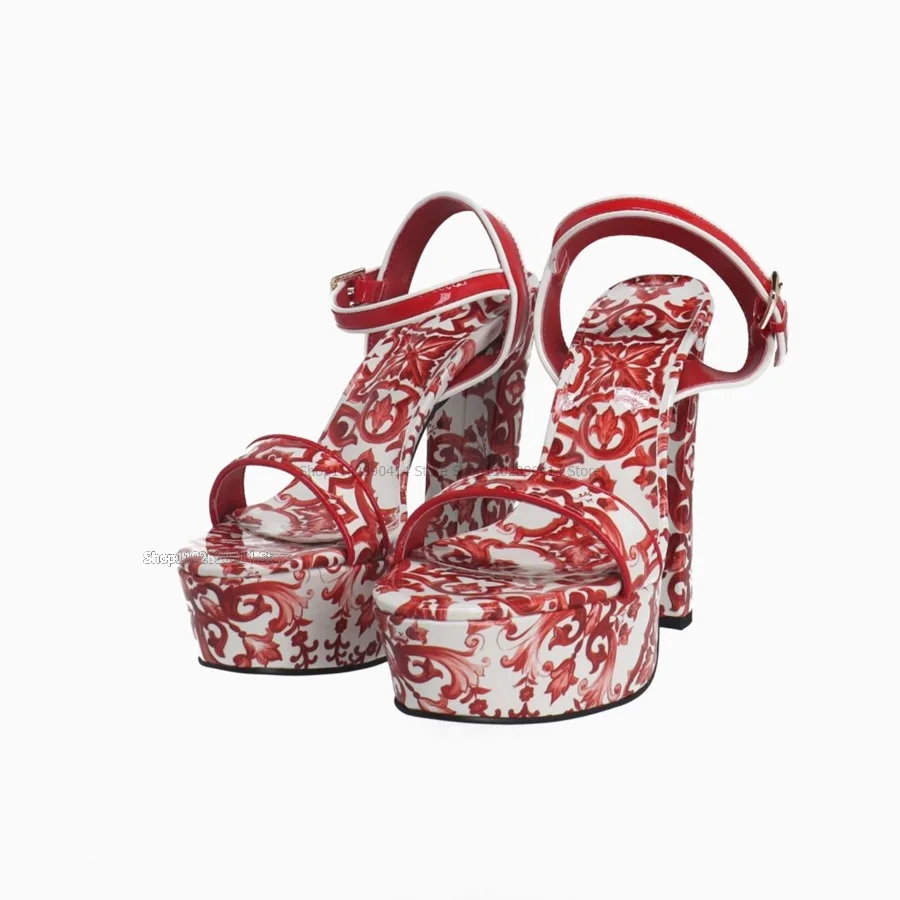 Red Colored Drawing Sandals Hollow Cut Heel Women Shoes Ankle Buckle Strap Chunky High Heels Open Toe Fashion Zapatillas Mujer