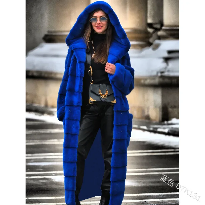 Faux Fur Women Long Coats Thick Warm Coat Hooded Full Sleeve Casual Maxi Elegant Splice Thick Warm Mom Autumn Winter 2024