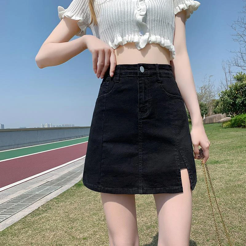 Stretch high-waisted split half-body cowboy skirt female summer ins wind Slim package hip black anti-glare a word short skirt