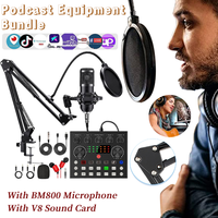 Podcast Equipment Bundle With BM800 Microphone/V8 Sound Card Metal Shock Mount Double-Layer POP Filter Perfect for Podcasting