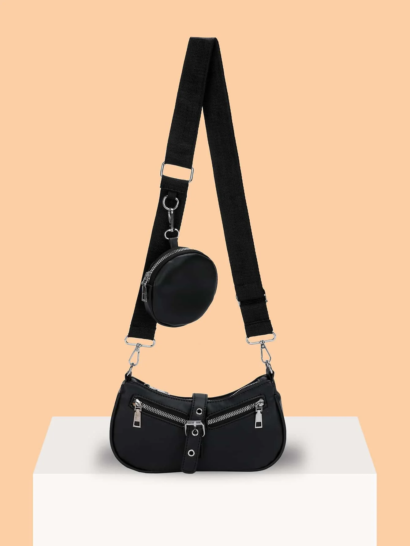 

Black Two-Piece Crossbody Bag with Zipper Details and Adjustable Strap